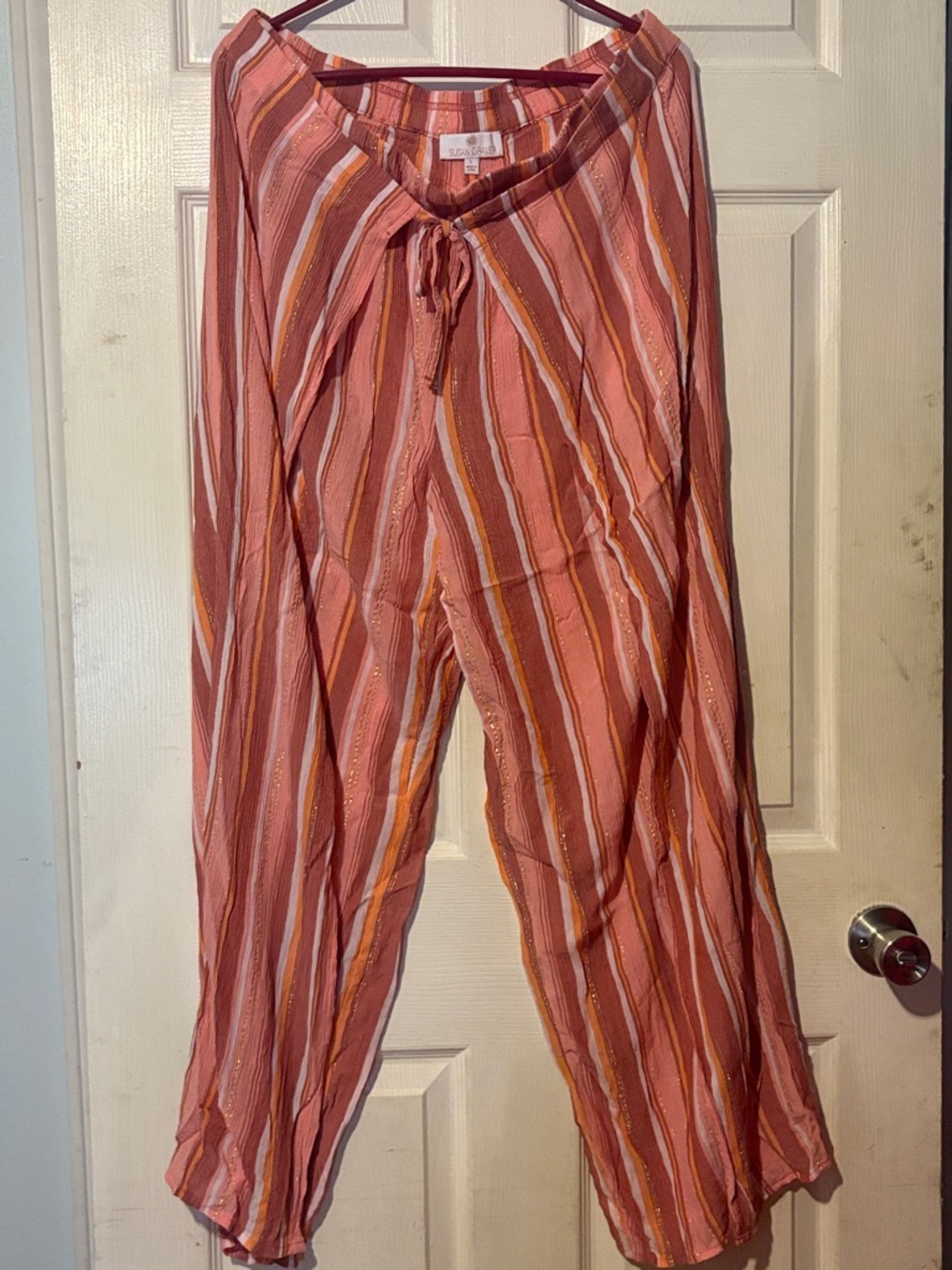 Susan Graver Pink, Orange, White, Gold  Striped Wide Leg Novelty Tie Pants